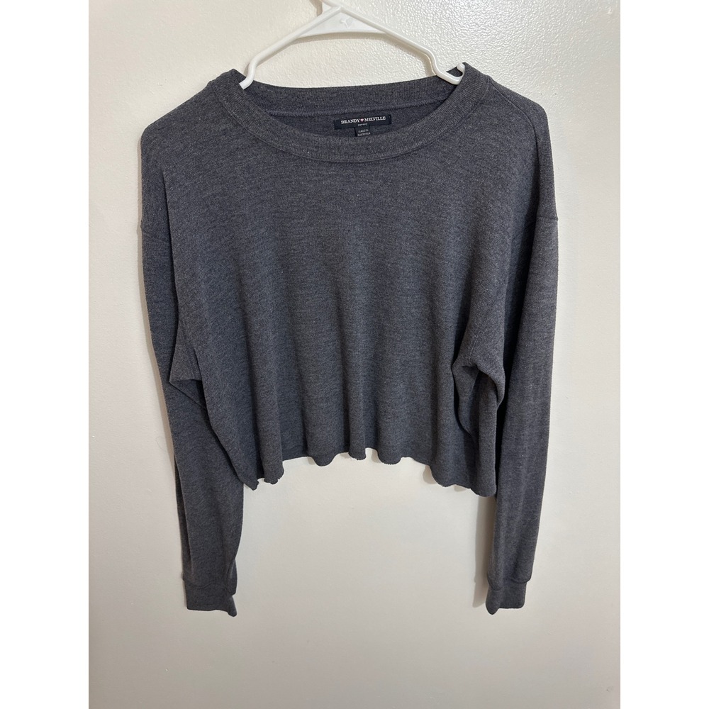 Brandy Melville Dark Grey Cropped Long Sleeve Crew Neck Boxy Knit Top One Size